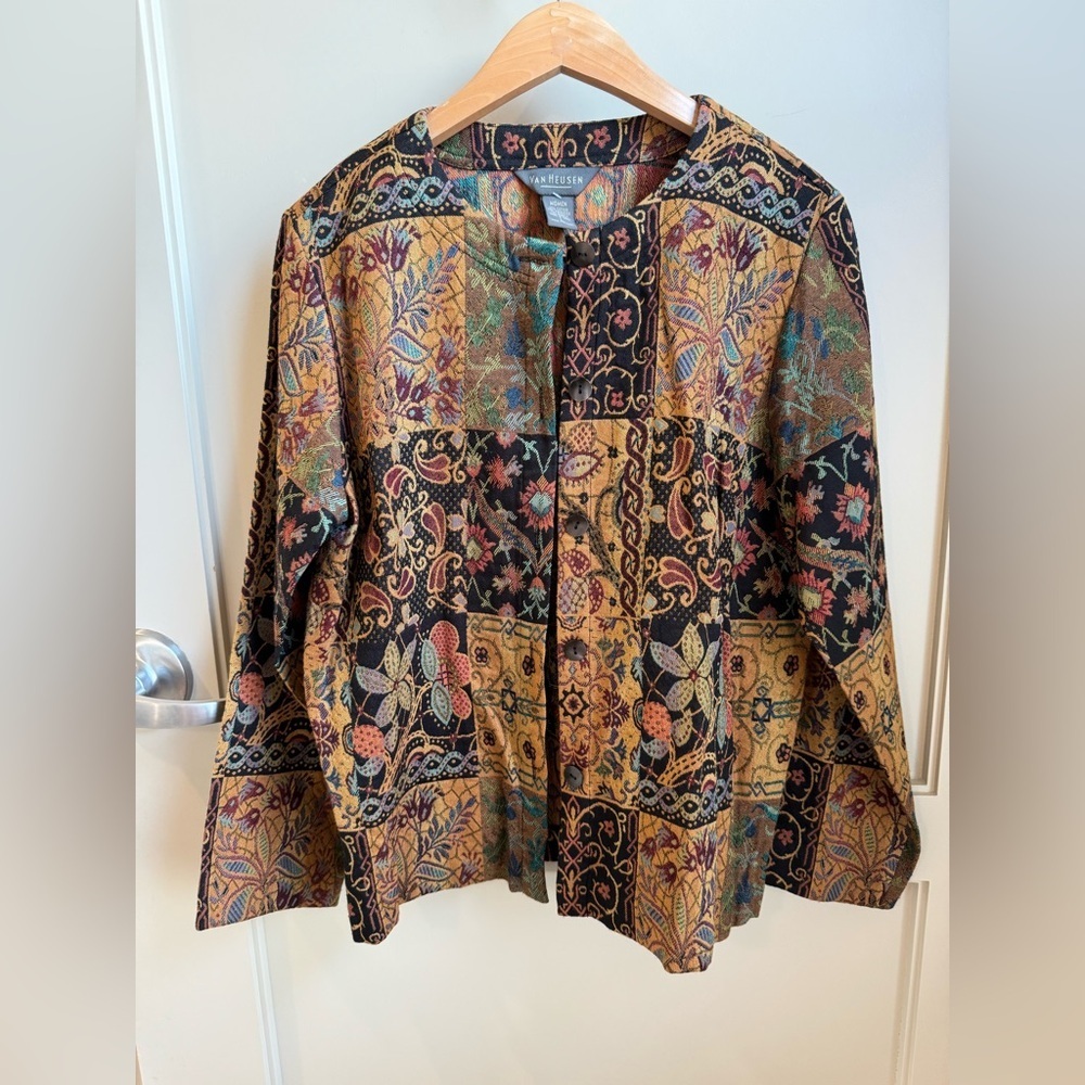 90s Van Heusen Vintage-Inspired Tapestry Patchwork Jacket Mustard & Black Large